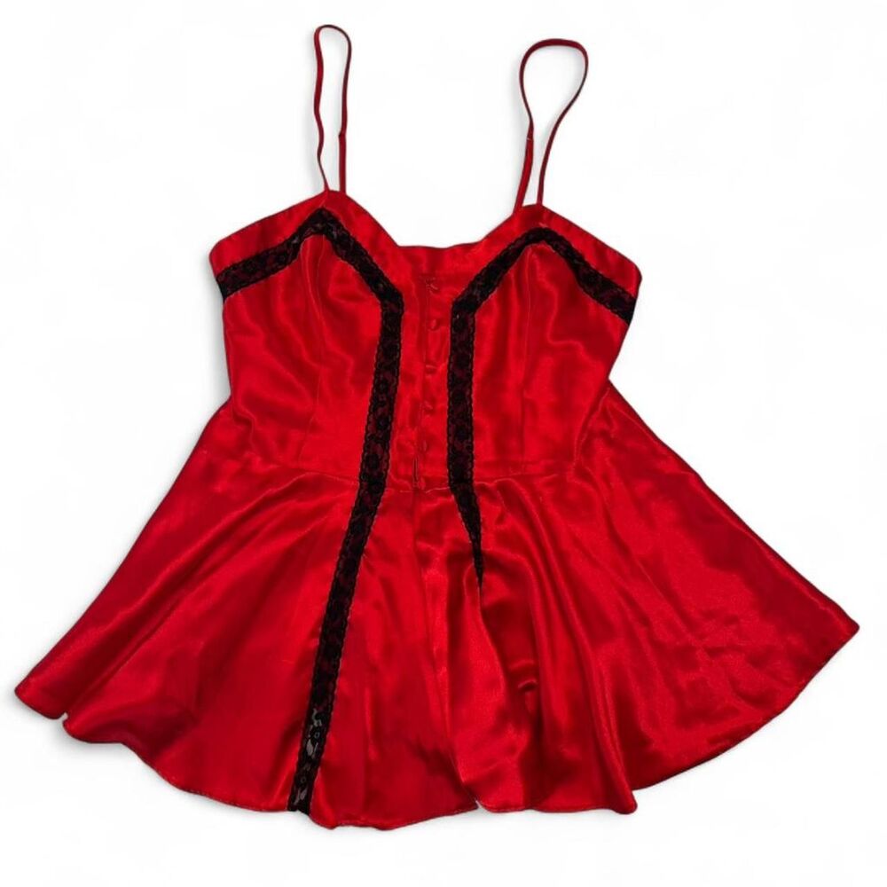 Vintage 90s Victorias Secret Gold Tag Red and Black Satin Lace Tank Top Size M